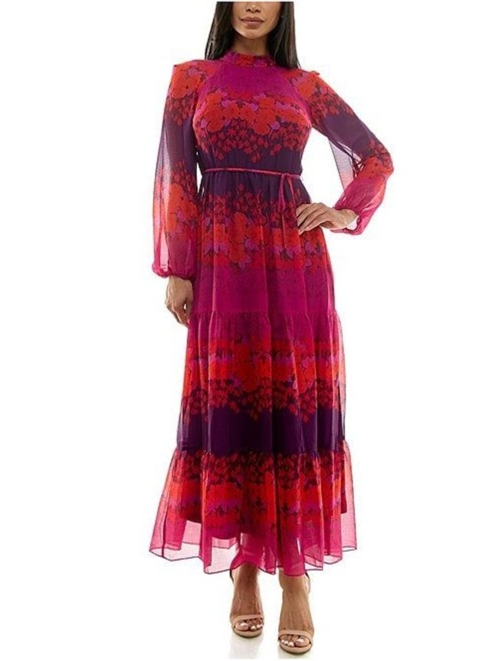 Maison Tara Fuchsia and Red Floral Maxi Dress